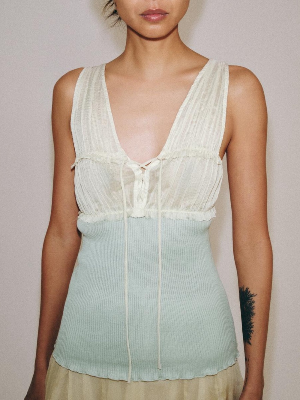Zara NWT combined top cream mesh organza & mint color top - Picture 1 of 10